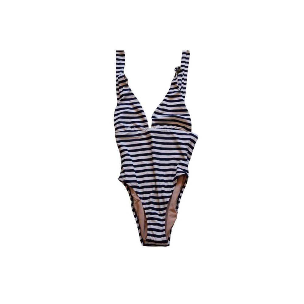 JCrew $148 Plunging halter one-piece swimsuit classic stripe 16 Navy Ivory H7601